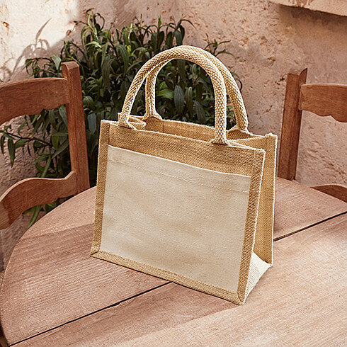 Eko mini jutowa torba na prezent z bawełnianą kieszenią W425 Natural