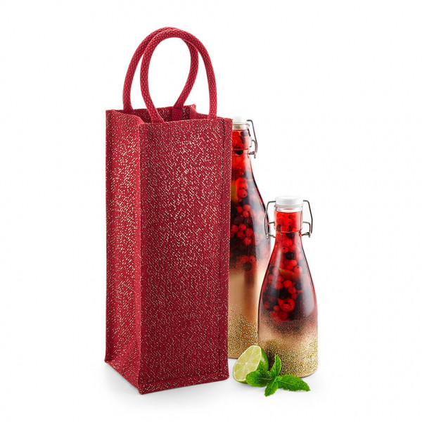 Błyszcząca eko torebka z juty na butelki W433 Red / Gold