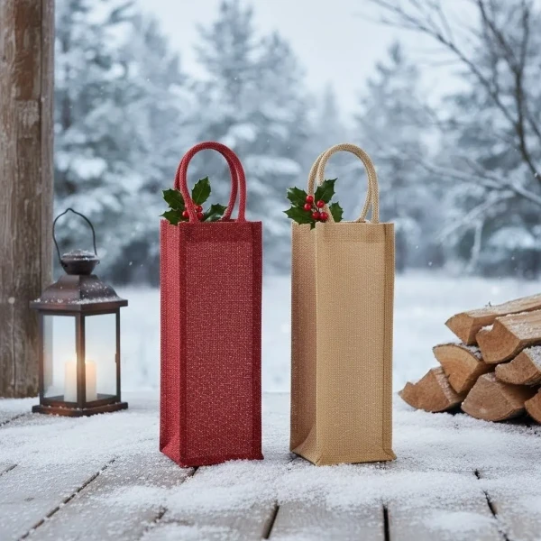 Torba z Juty Swiateczna Na Butelki W433 Red / Gold & Natural / Gold