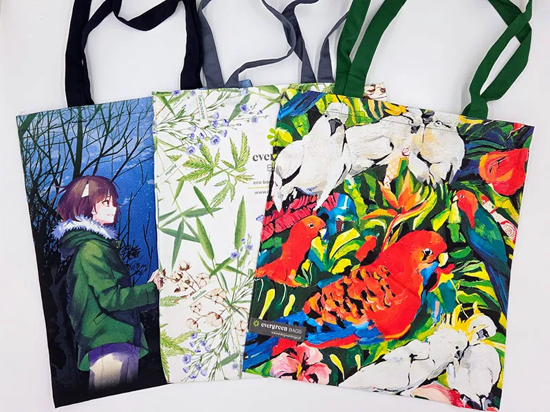Torby reklamowe z nadrukiem – trendy na 2026 rok. Co musisz wiedzieć o eko-torbach przyszłości? 3 Torby bawełniane z nadrukiem reaktywnym FullColor od evergreen Bags