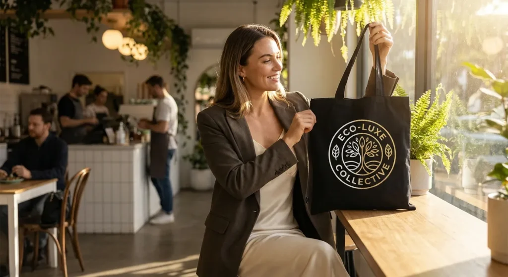 Torby reklamowe z nadrukiem – trendy na 2026 rok. Co musisz wiedzieć o eko-torbach przyszłości? 1 Młoda kobieta w kawiarni z czarną bawełnianą torbą z eco nadrukiem od Evergreen Bags