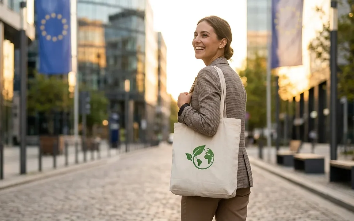 Torby reklamowe z nadrukiem – trendy na 2026 rok. Co musisz wiedzieć o eko-torbach przyszłości? 5 Kobieta z torbą bawełnianą z nadrukiem od Evergreen Bags raporty ESG