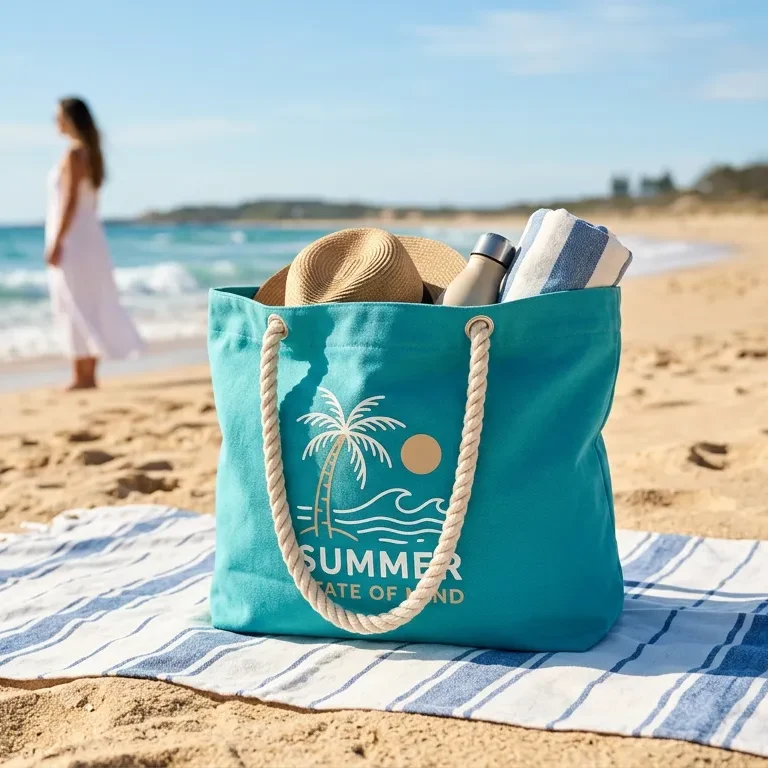 Letnia strategia wizerunkowa: Dlaczego torby plażowe z nadrukiem to hit wakacyjnych kampanii B2B? 3 Torba plazowa z nadrukiem b2b Evergreen Bags blog 4 e1778868546541