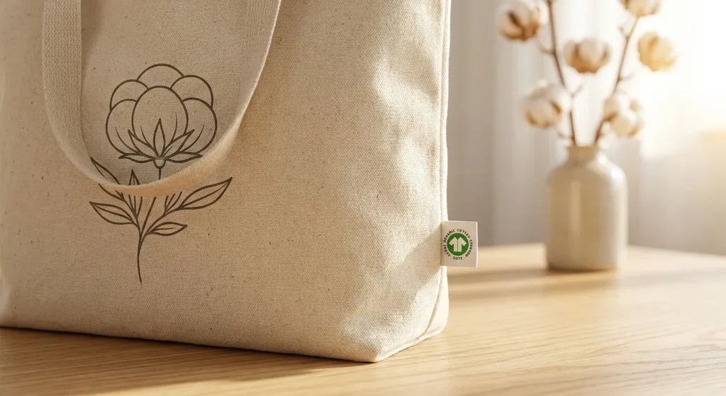 Torby reklamowe z nadrukiem – trendy na 2026 rok. Co musisz wiedzieć o eko-torbach przyszłości? 2 Torba z bawełny organicznej z logo kwiatu bawełny z metką GOTS od Evergreen Bags
